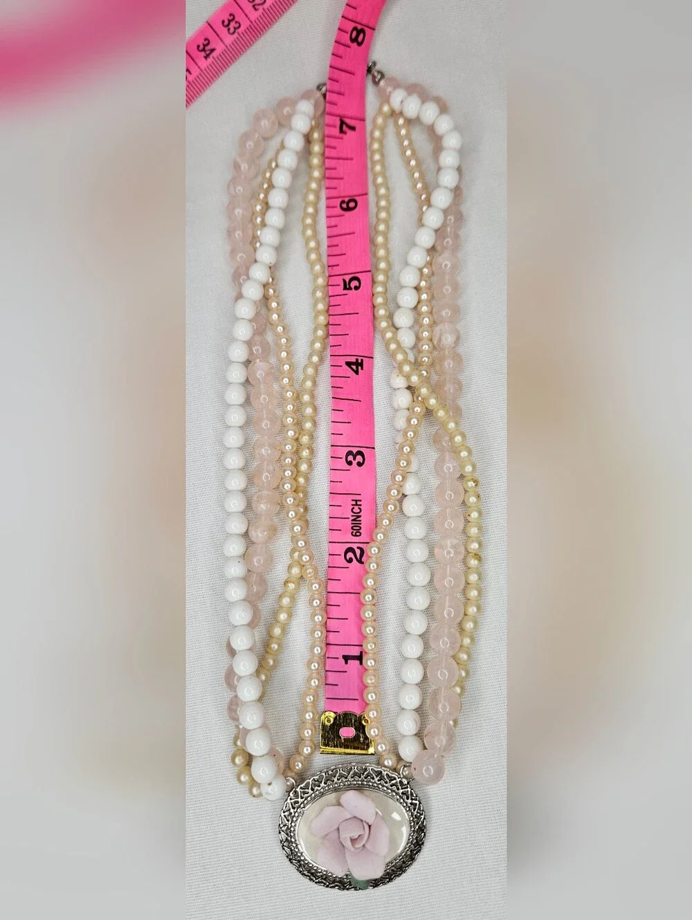 Vtg 1928 Jewelry Co Rose Quartz Pearl Multi Strand Choker Flower Necklace GUC
